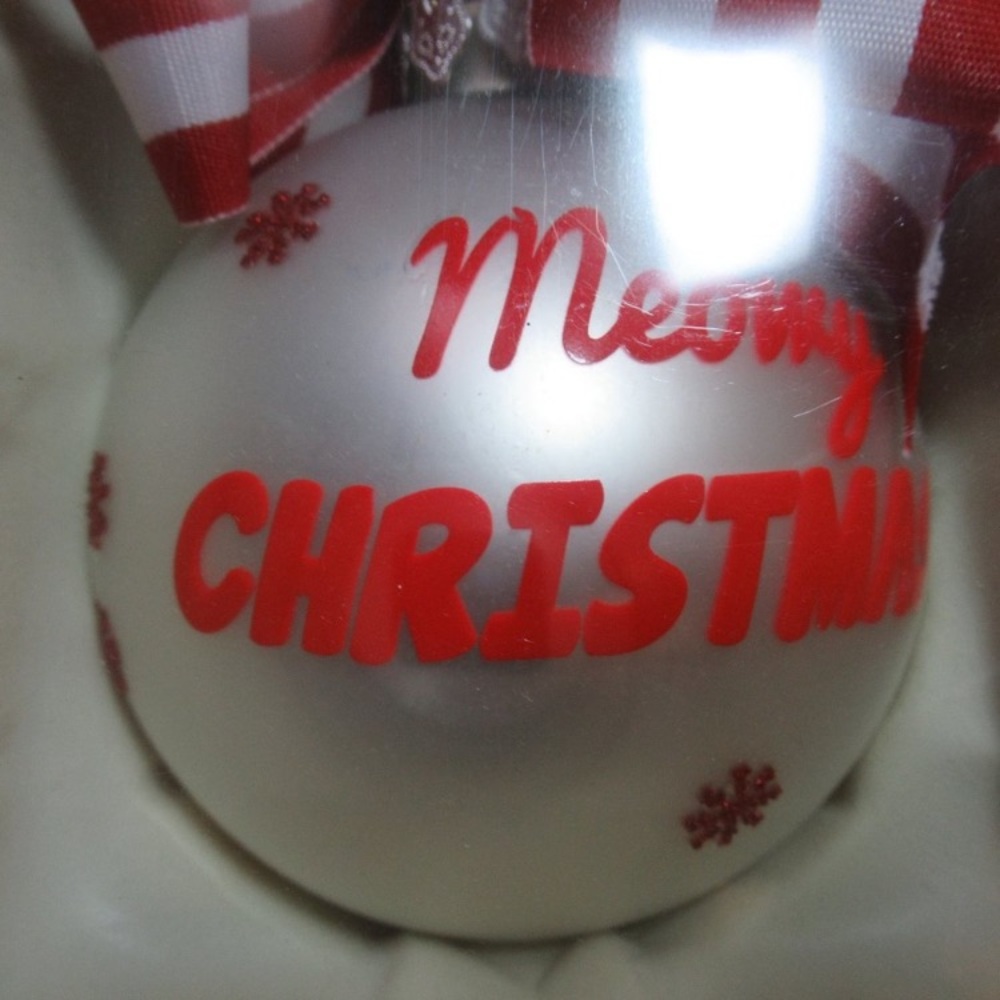 2 ornaments. Meowy Christmas kitty cat themed Holiday ornament w bow w stripes - Picture 10 of 14
